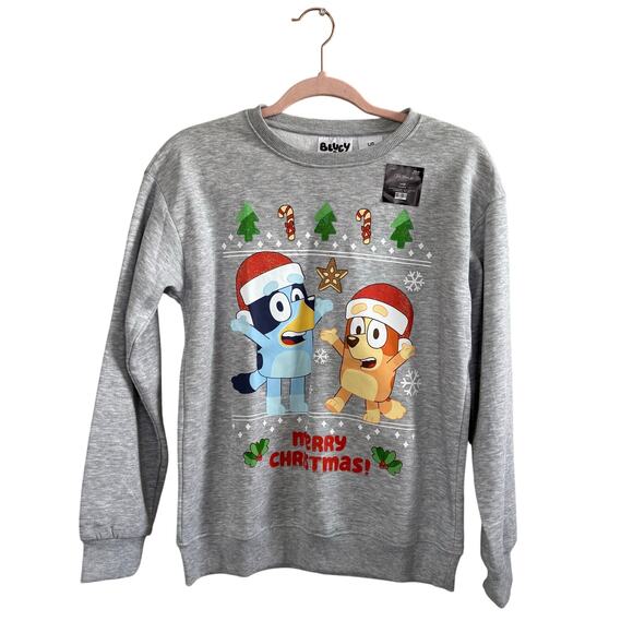 NWT Bluey Gray Christmas Sweatshirt Bluey and Bingo wearing Christmas hats Large - Picture 1 of 7